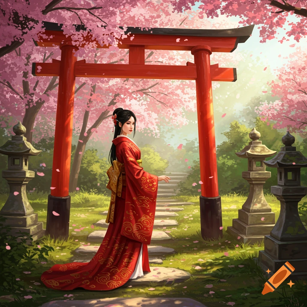 A woman in a red kimono stands on a stone path beneath a red torii gate and pink cherry blossoms in a lush garden, in an artistic style.