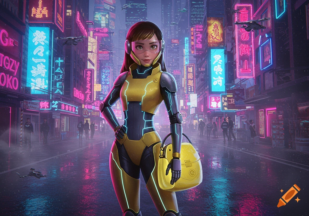 A cybernetically enhanced woman in a yellow and black suit with glowing blue lines stands in a neon-lit cyberpunk city at night, holding a yellow bag.