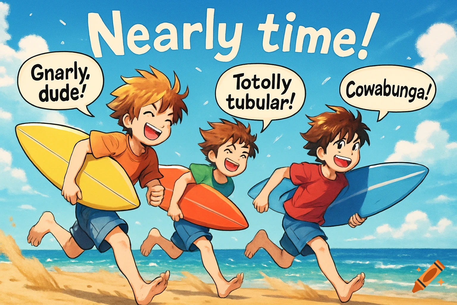 Anime boys running on a beach with surfboards; speech bubbles say 'Gnarly, dude!', 'Totolly tubular!', 'Cowabunga!' and 'Nearly time!'