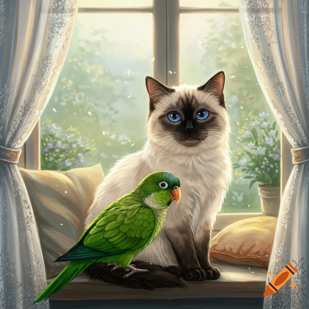 A Siamese cat and a green parrot sit on a sunlit window sill with lace curtains.