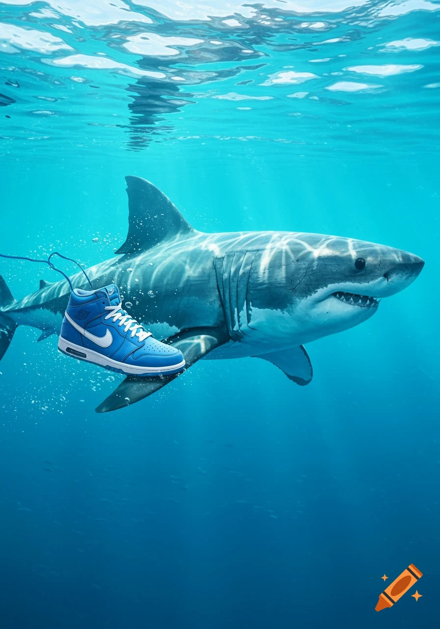A large great white shark swims underwater, with a single blue Nike high-top sneaker floating in front of its body.