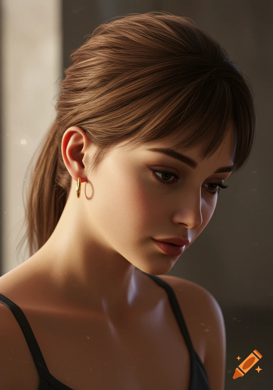 A photorealistic close-up portrait of a young woman with brown hair in a ponytail, wearing golden hoop earrings and looking down.