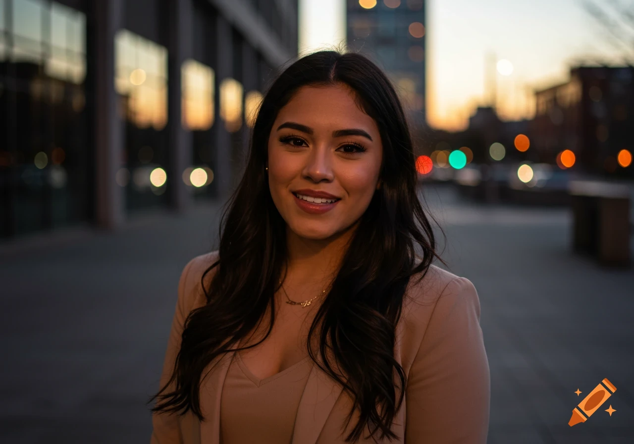 A smiling young woman in a beige blazer stands on a city street at sunset.