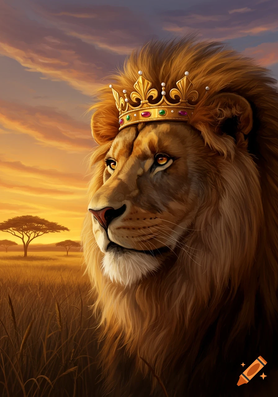 A majestic lion wearing a golden crown stands in a savanna at sunset.