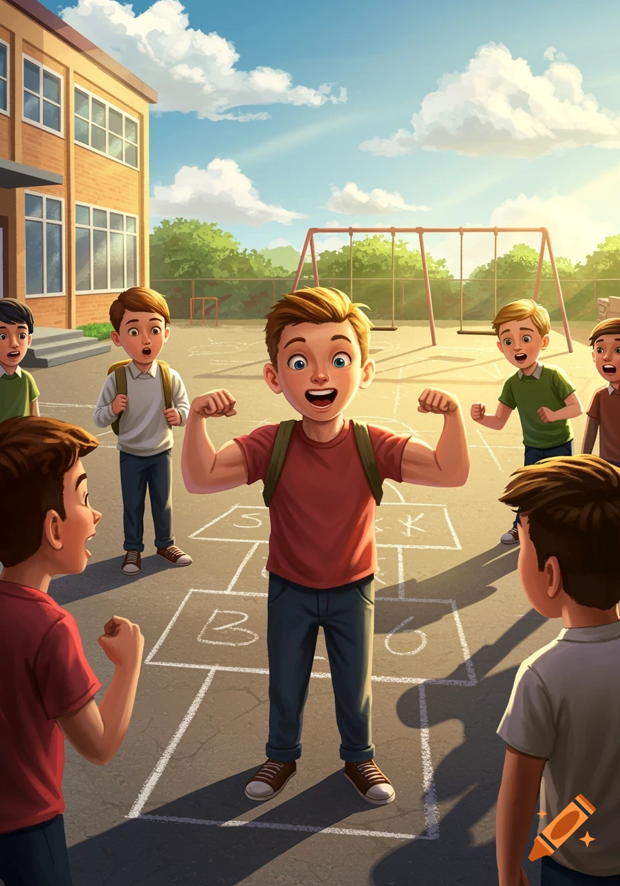 An illustration of a boy flexing his biceps for other boys on a school playground with hopscotch markings.