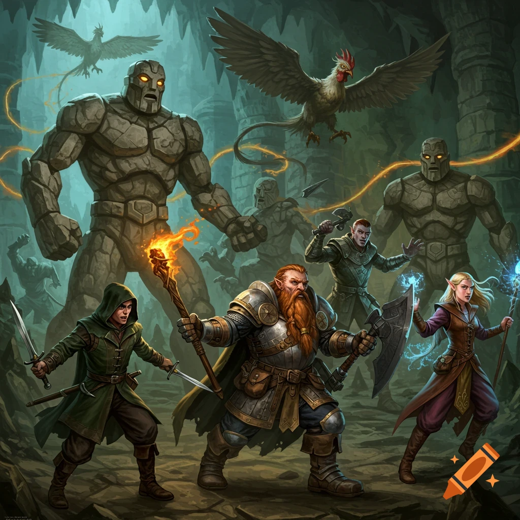 A group of fantasy adventurers, including a dwarf, elf, and human, battle giant stone golems and flying cockatrices in a cavern.