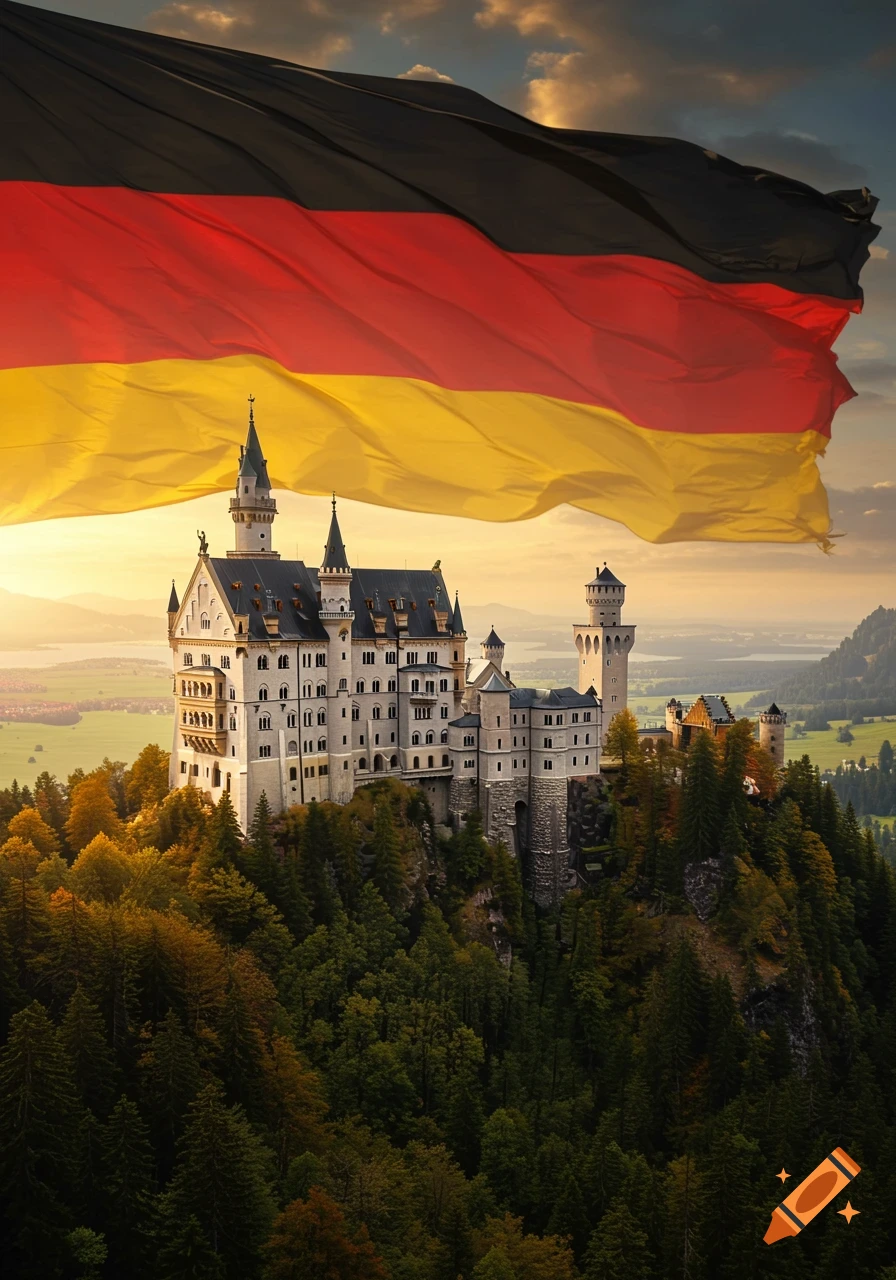 Photorealistic image of Neuschwanstein Castle on a tree-covered hill, with a large German flag waving above against a sunset sky.