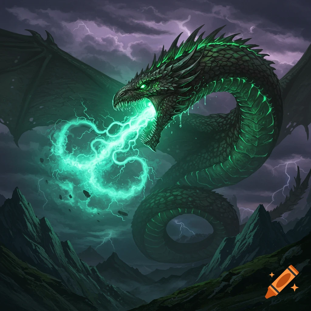 A powerful green dragon with glowing eyes exhales luminous green energy over dark mountains under a stormy, lightning-filled sky.