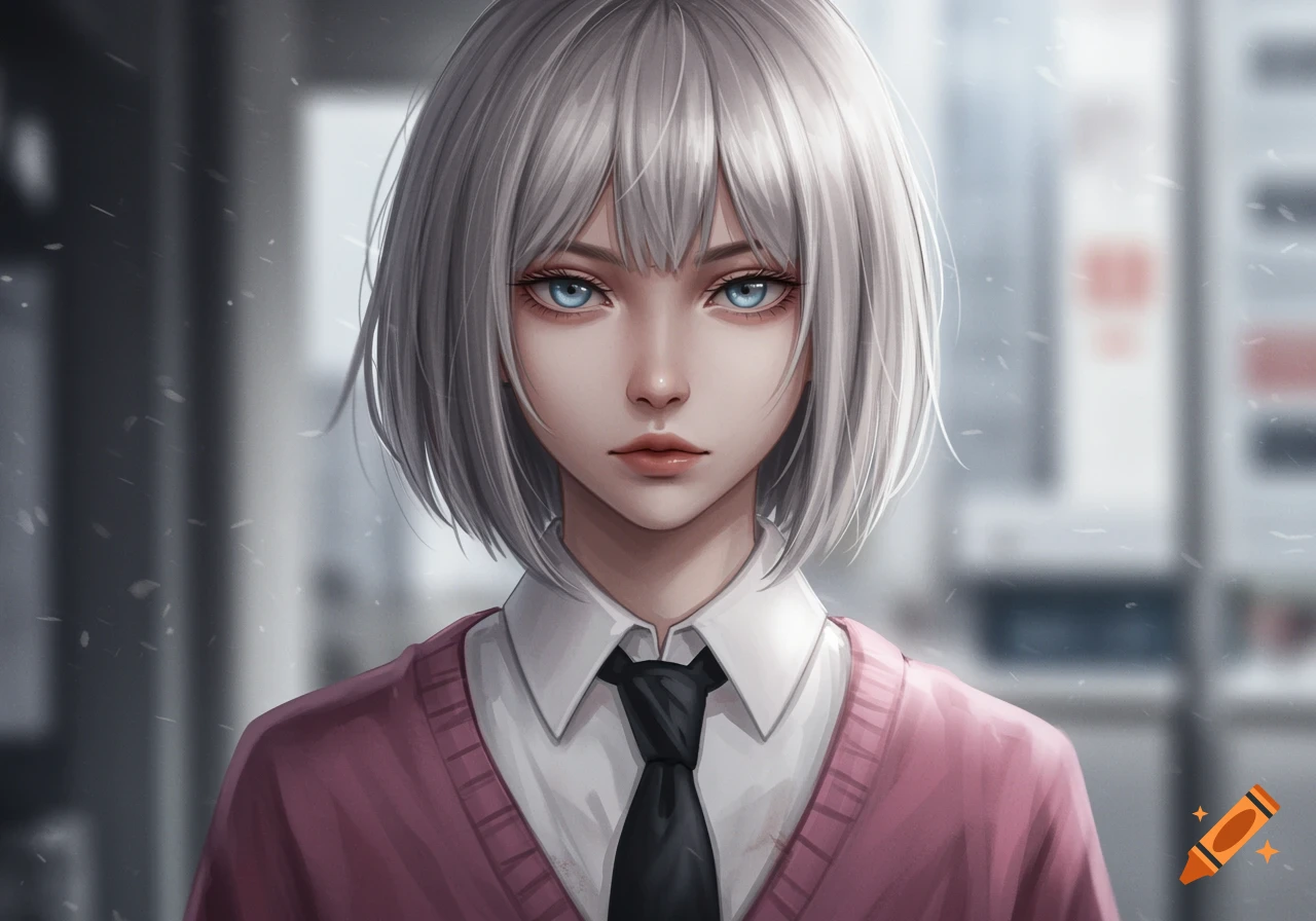 Close-up anime portrait of a pale-skinned girl with short white hair and blue eyes, wearing a white shirt, black tie, and pink cardigan.