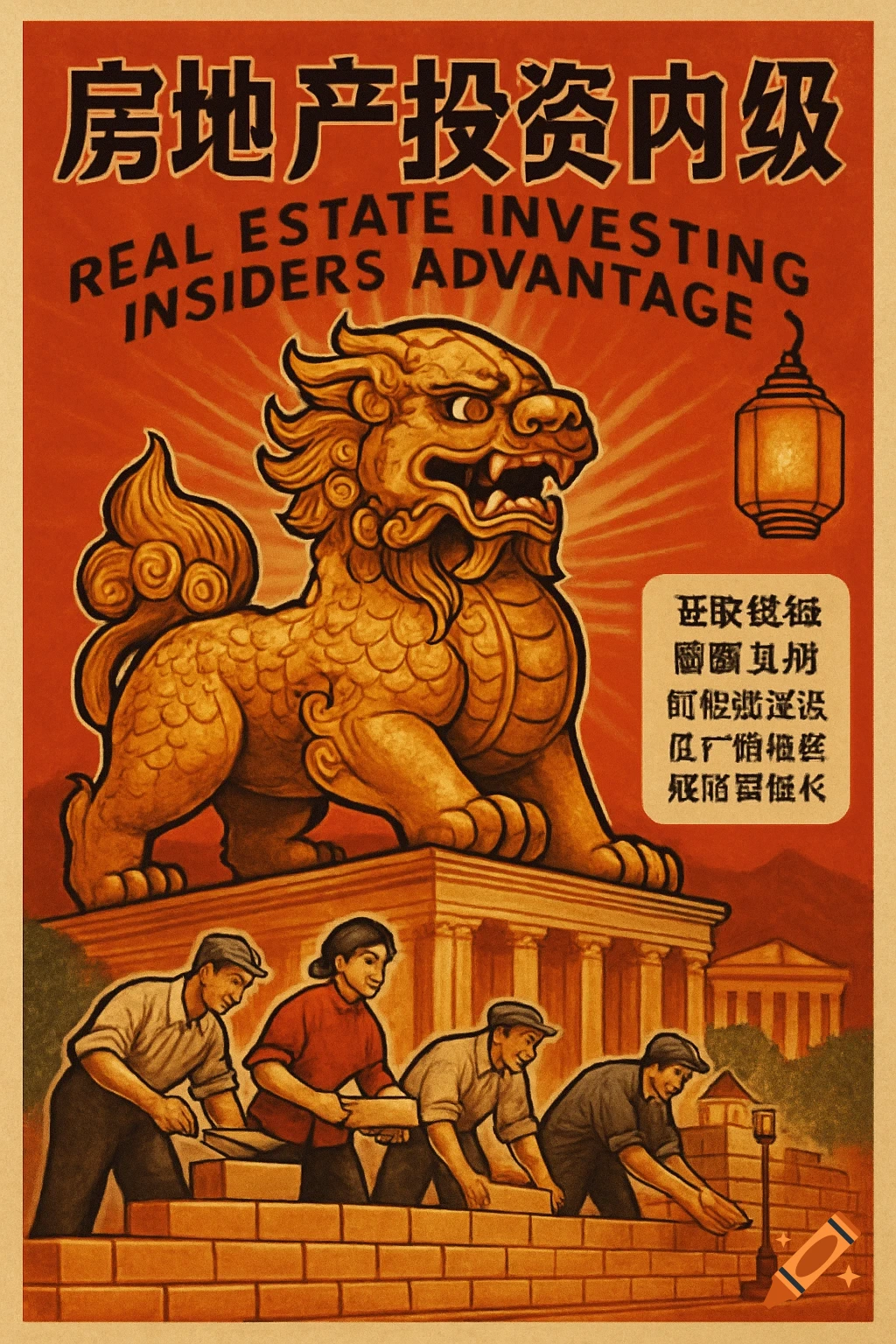 A vintage Chinese-style propaganda poster features a large golden pixiu statue on a pedestal, with four workers laying bricks below it. Red background with sunbursts, English and Chinese text.