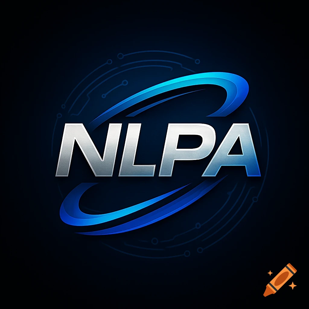 Metallic silver text NLPA with blue swooshes on a dark background with circuit patterns.
