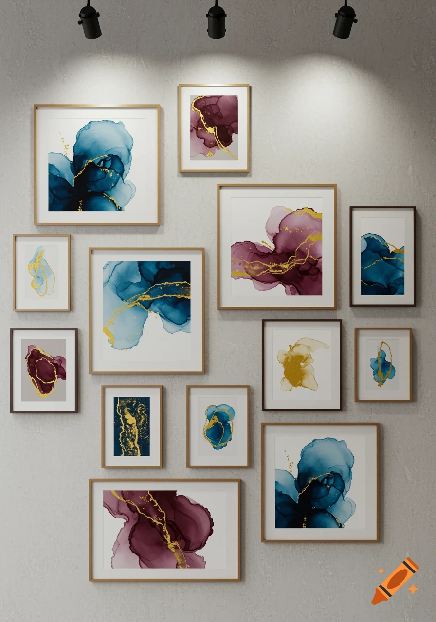 A gallery wall featuring multiple framed abstract artworks in shades of blue, gold, and burgundy on a light gray wall with spotlights.