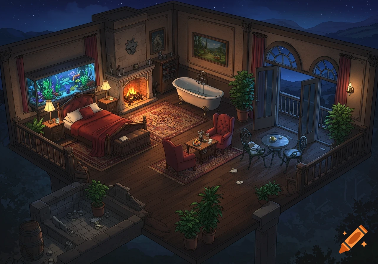 Overhead isometric view of an elegant fantasy inn room with a red bed, fireplace, bathtub, and balcony at night, in a detailed illustrative style.