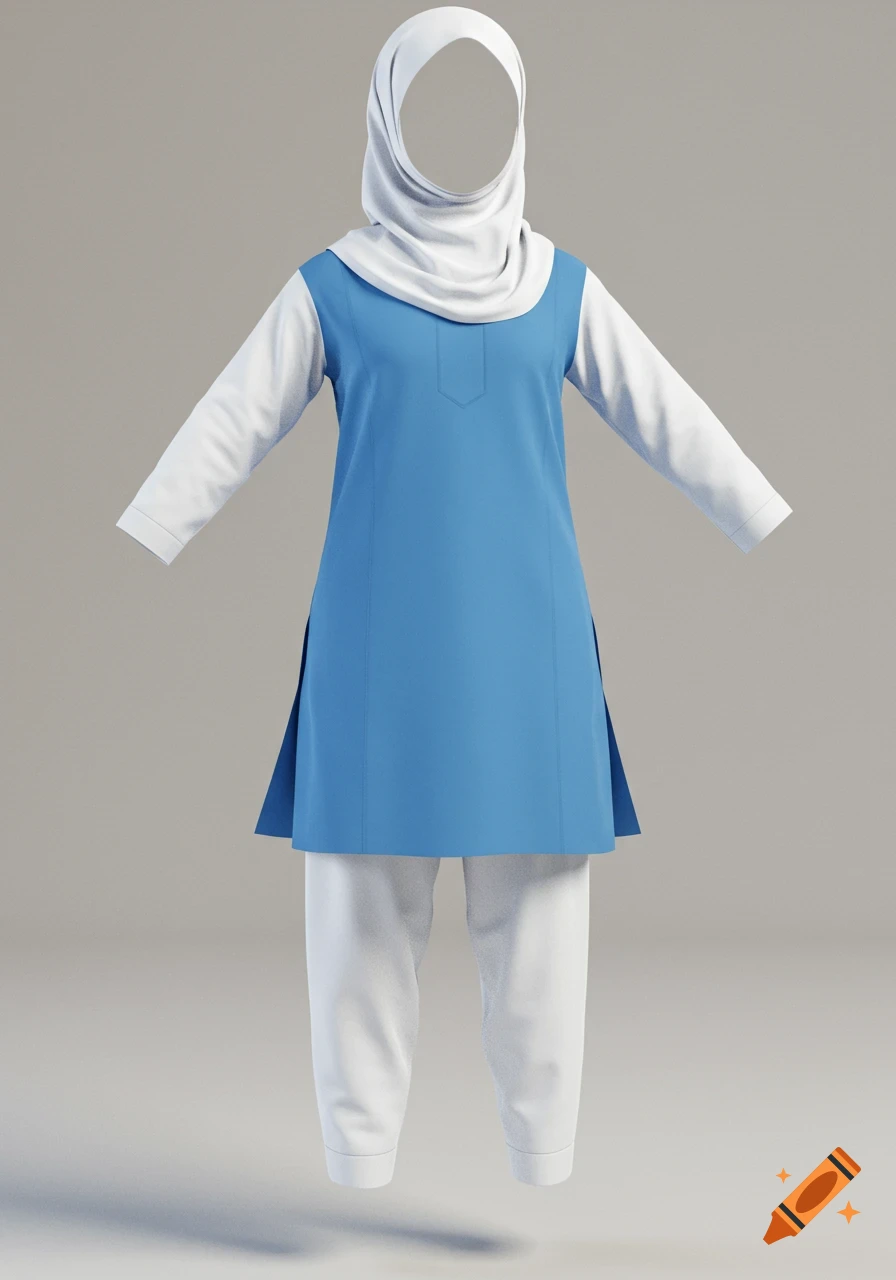 An Indian-style school uniform featuring a white hijab, a blue knee-length tunic with white sleeves, and white pants, on a plain background.
