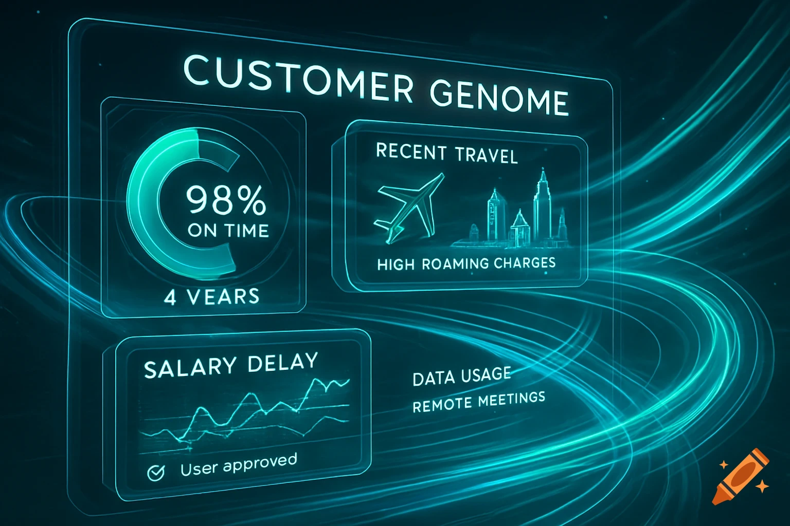 A sleek, futuristic teal and black dashboard displays 'Customer Genome' data, including payment history, recent travel, salary delay, and data usage statistics.