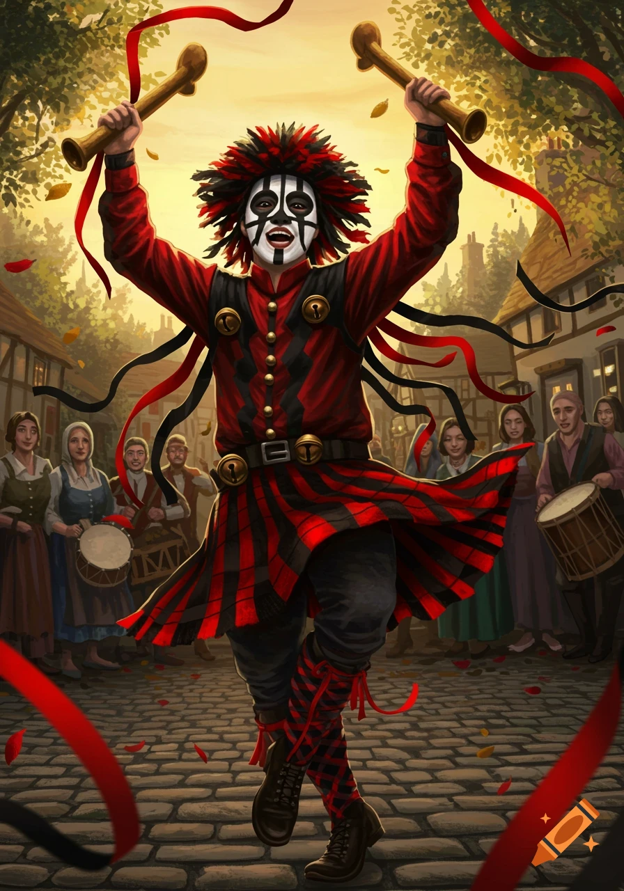 A person in a red and black morris dancer costume with a painted face dances in a village square.