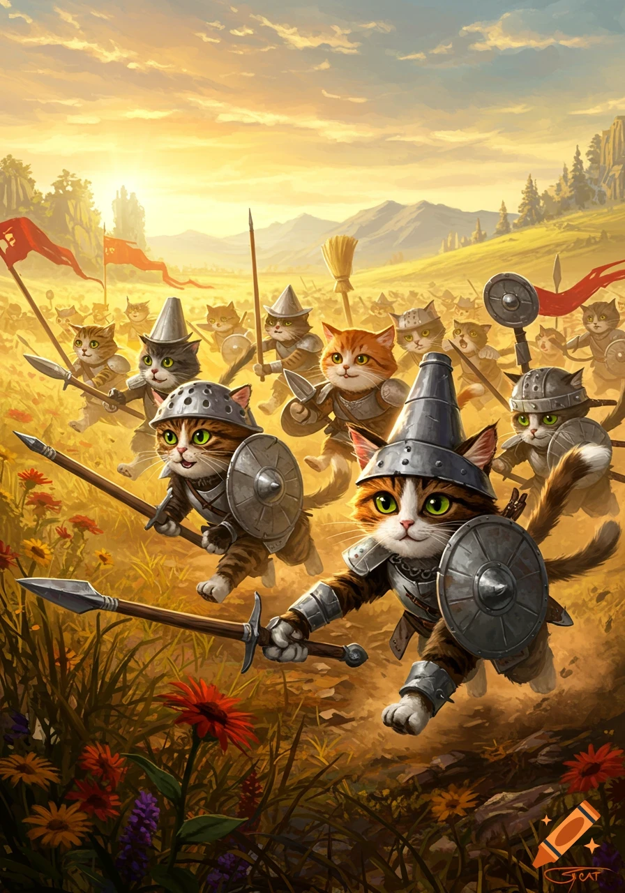 A group of armored cats, wielding spears and shields, charge through a sunlit field with flowers, under a golden sky.