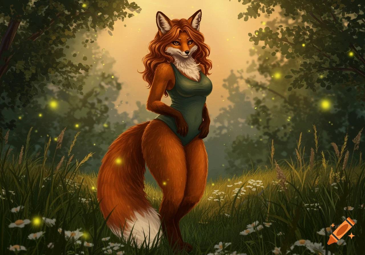 An anthropomorphic red fox woman with long curly hair and a green bodysuit stands in a magical forest with fireflies and white flowers.