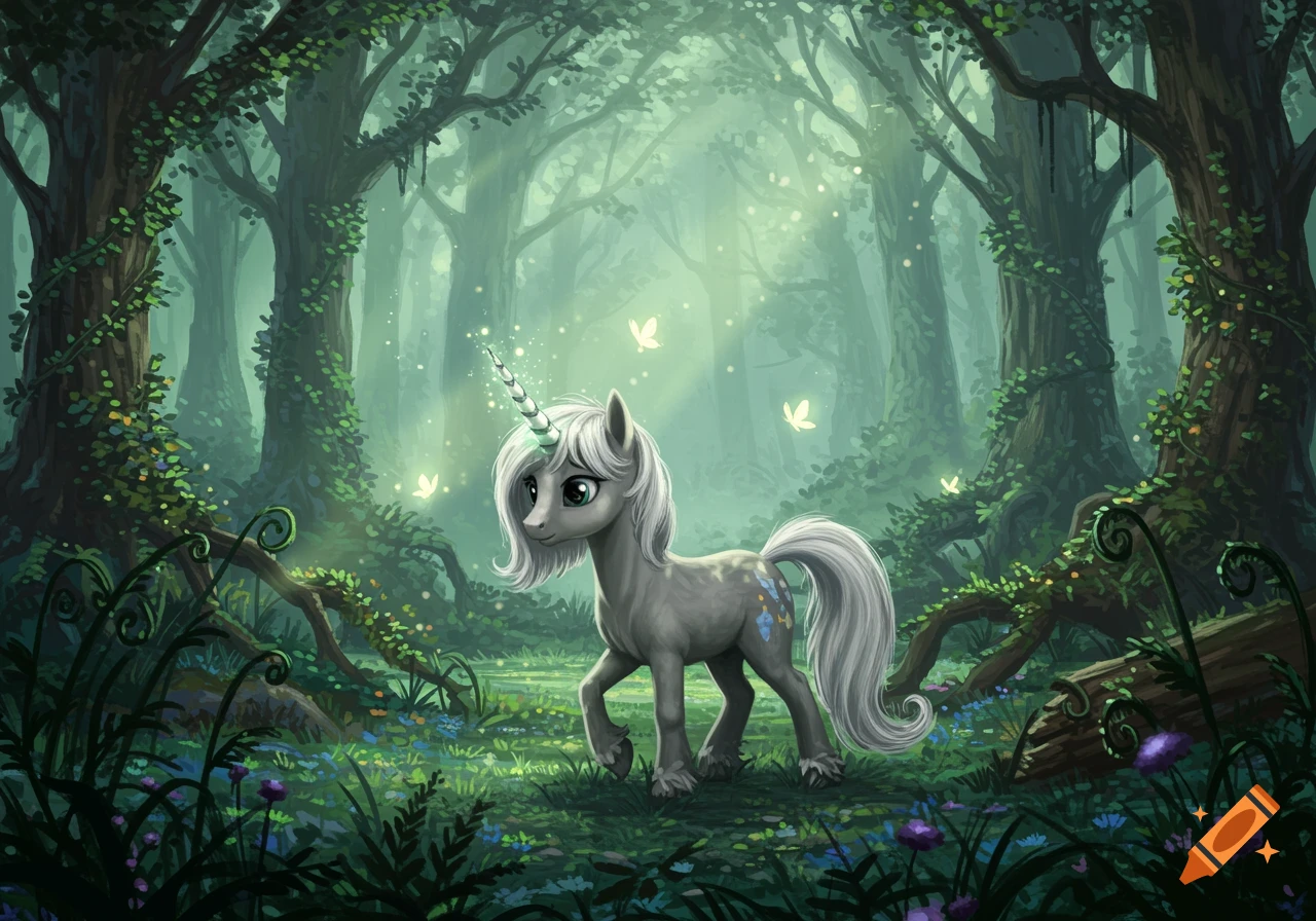 A gray unicorn with a white mane and tail stands in an enchanted forest with glowing butterflies.