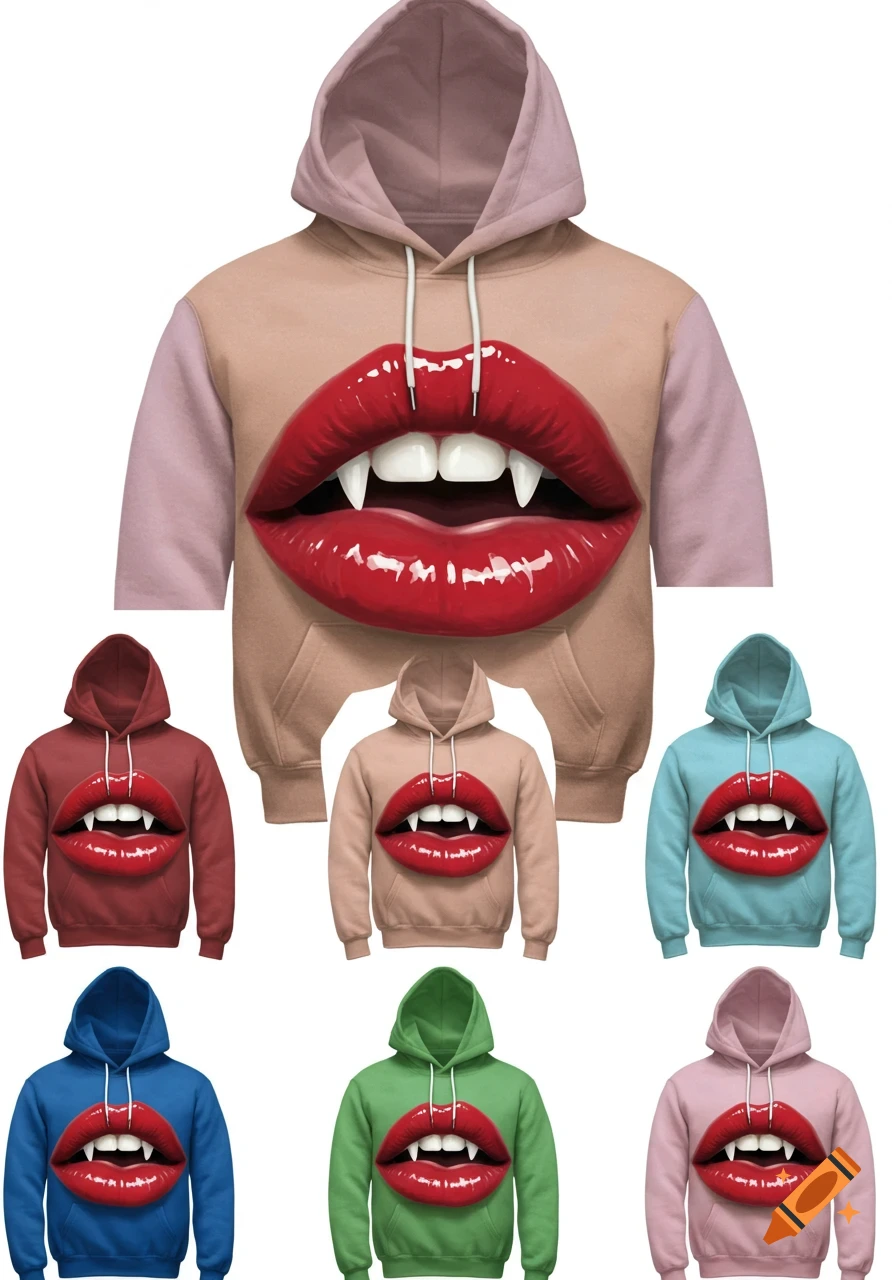 Seven hoodies in various colors, each featuring a large graphic of realistic red lips with vampire fangs.