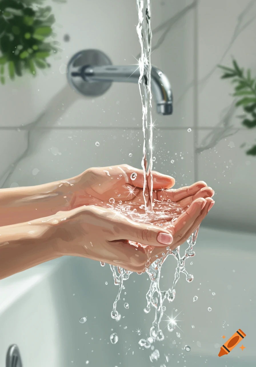 Hands cupped under a stream of water from a faucet in a bathroom.