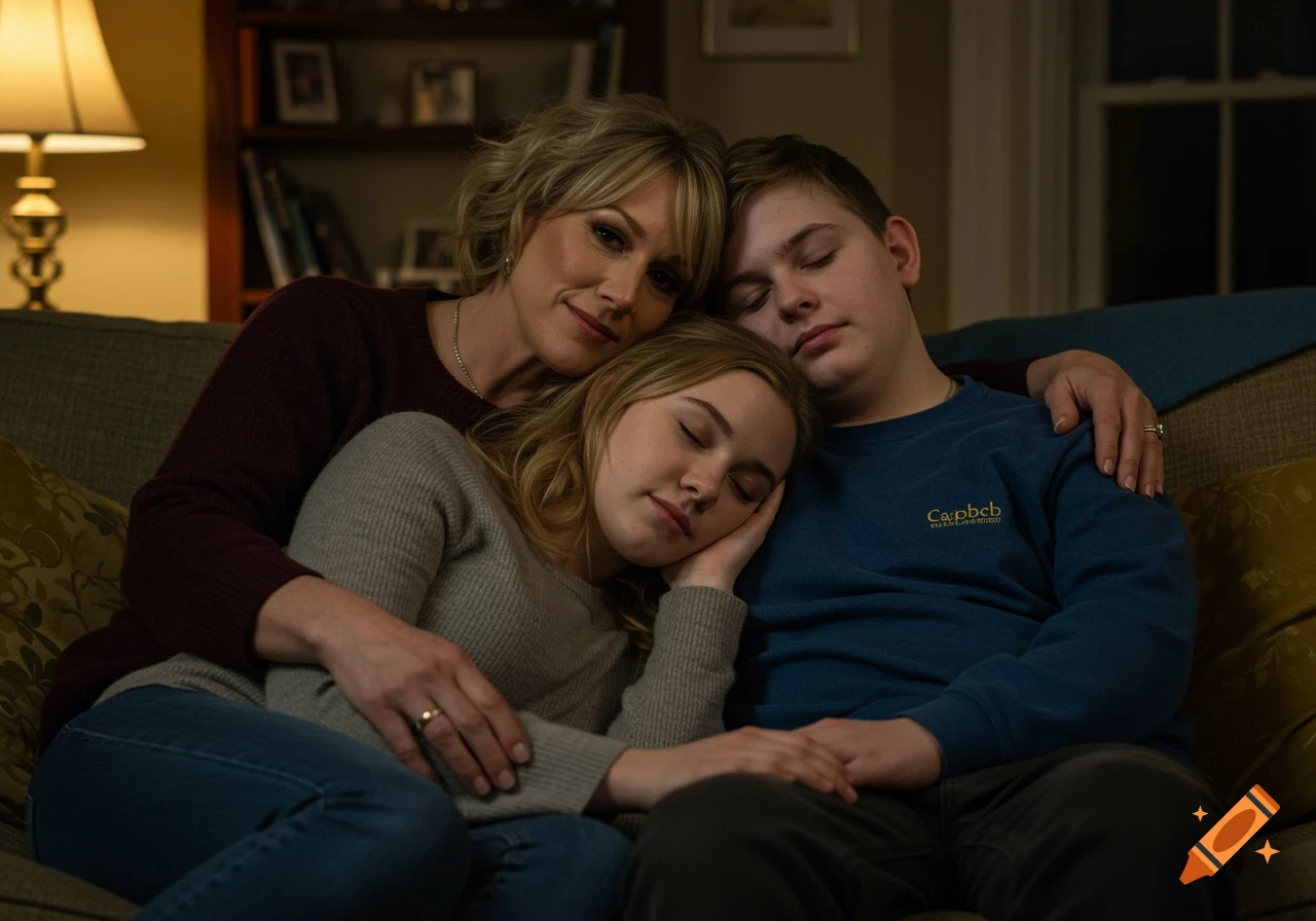 A woman embraces two young people sleeping on a sofa in a warmly lit living room, an intimate family portrait.