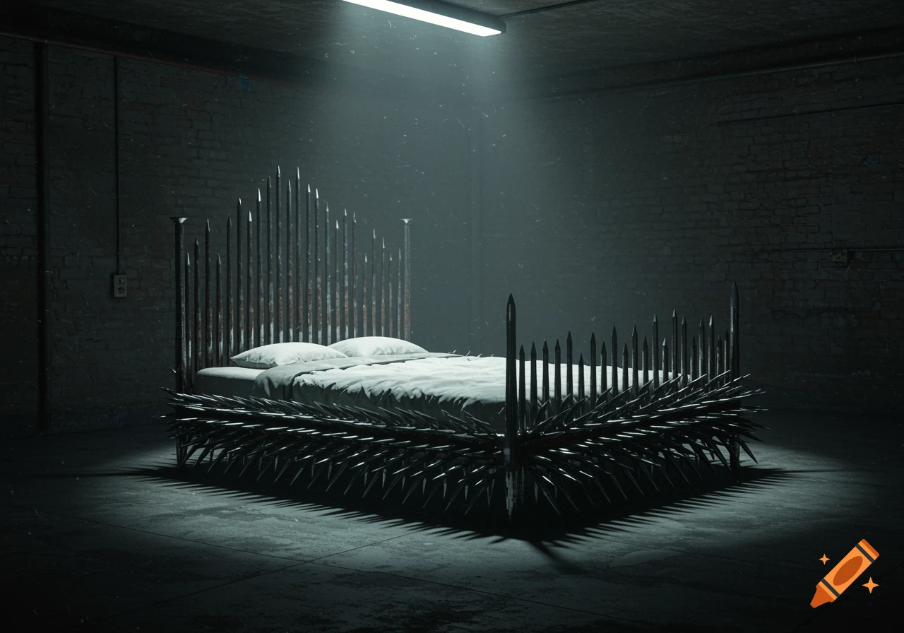 Photorealistic image of a bed covered in sharp metal spikes, in a dark, concrete room, illuminated by a single overhead light.