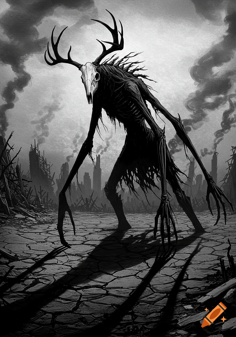 Black and white drawing of a skeletal wendigo creature with antlers standing in a desolate, ruined post-apocalyptic city.