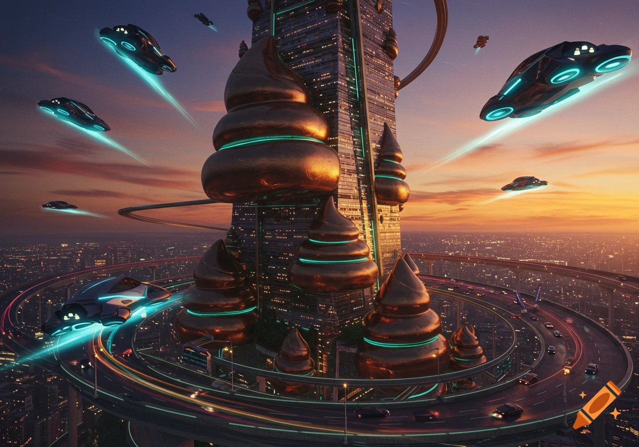 Futuristic cityscape at sunset with a skyscraper adorned with golden, poop-shaped structures and glowing hovercars flying.