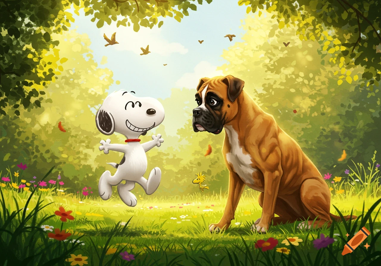 A cartoon Snoopy dances happily while looking at a serious Boxer dog in a sunny meadow.