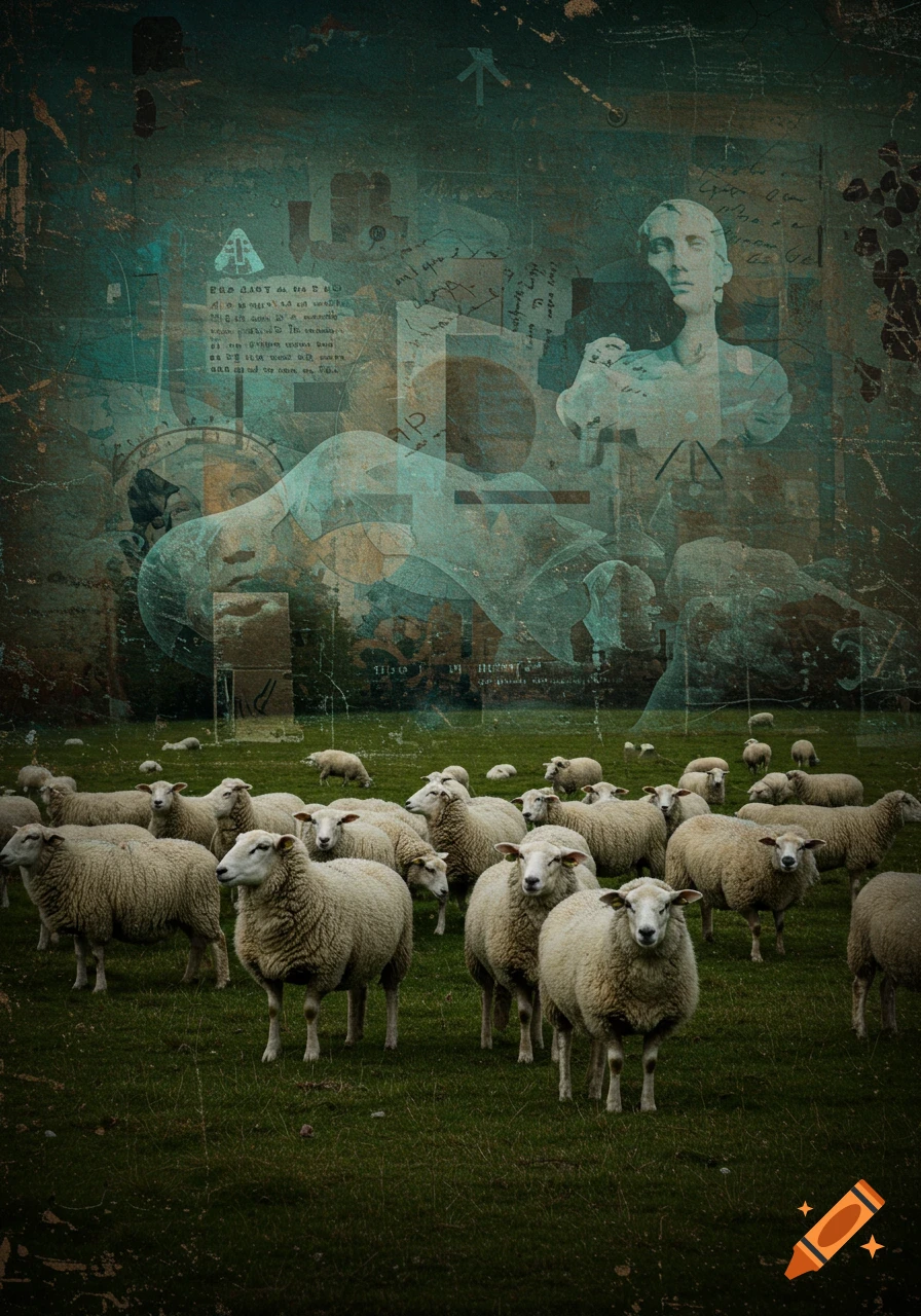 A photorealistic flock of sheep stands in a green field, superimposed on a surreal, layered background with faded script, abstract shapes, and a classical bust.