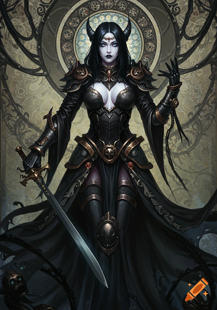 Pale gothic maiden with horns, black hair, and blue eyes, wearing dark ornate armor and dress, holding a sword in a digital painting.