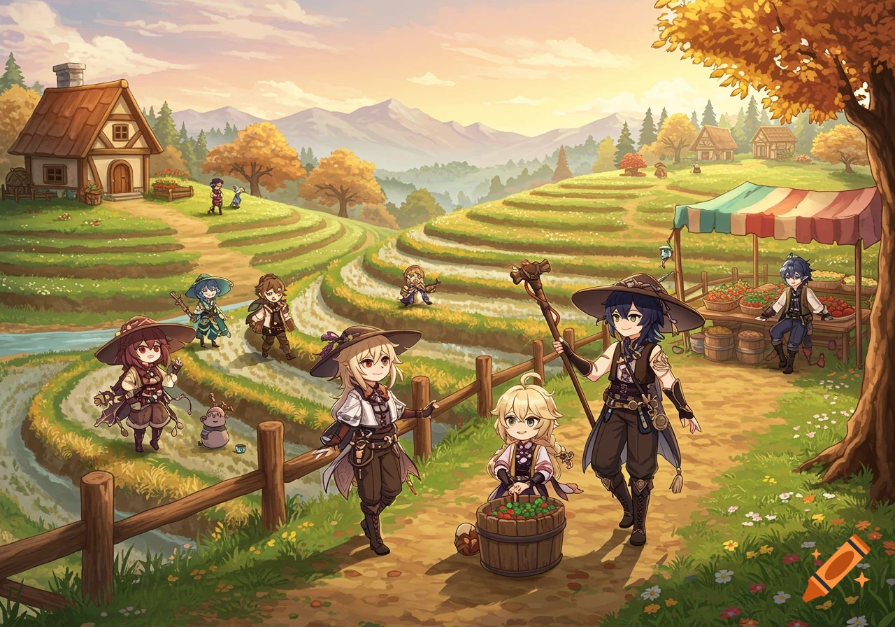 Anime-style characters in a vibrant farming village with terraced fields, houses, and a market stall under a golden sky.