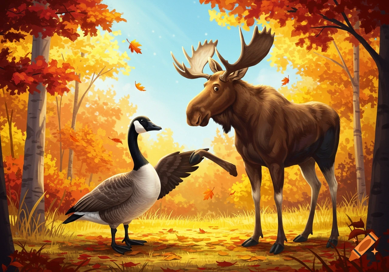 A cartoon goose extends its wing towards a moose in a vibrant autumn forest.