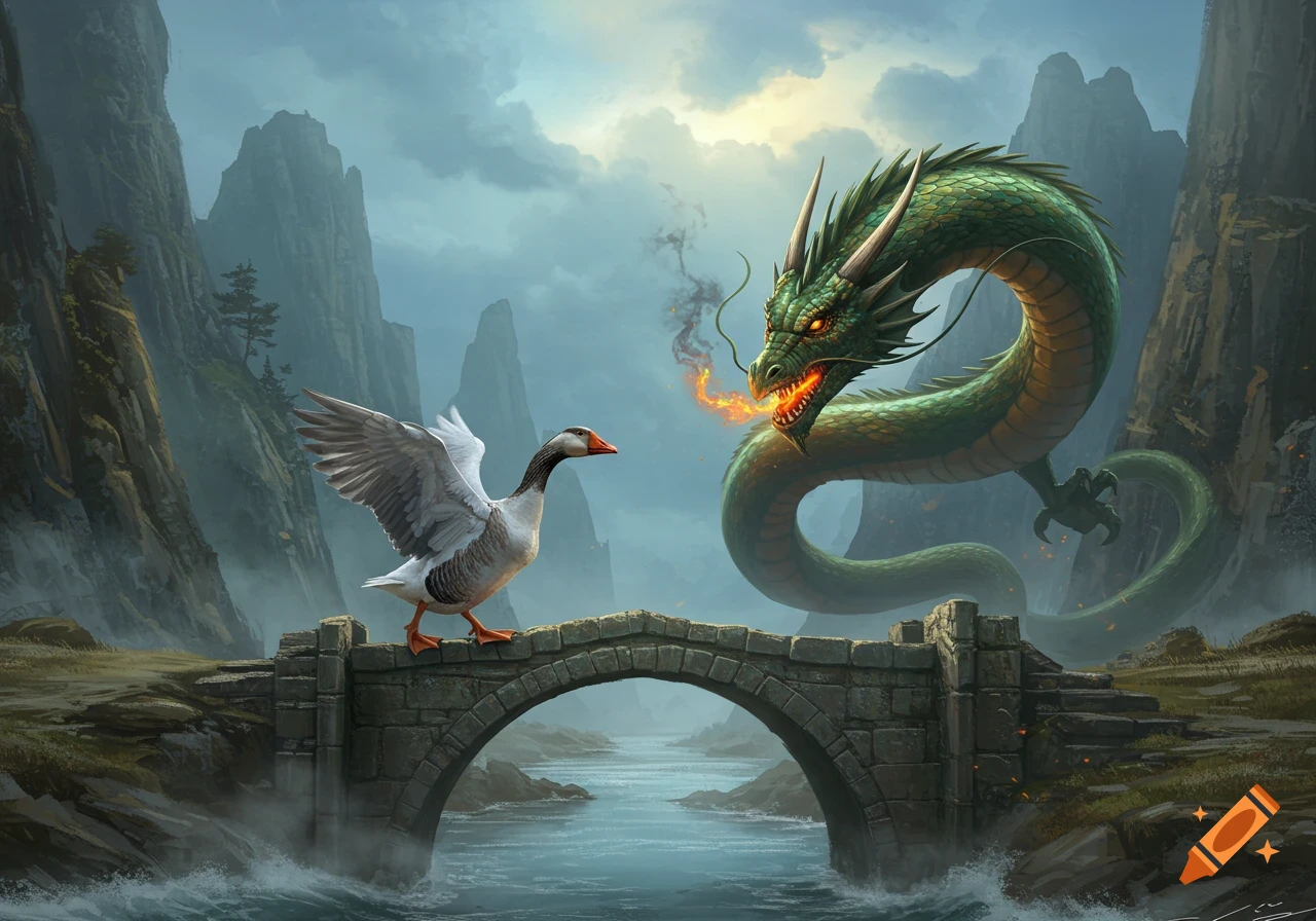 A goose on a stone bridge faces a large green dragon breathing fire in a misty, mountainous fantasy landscape. Digital painting.