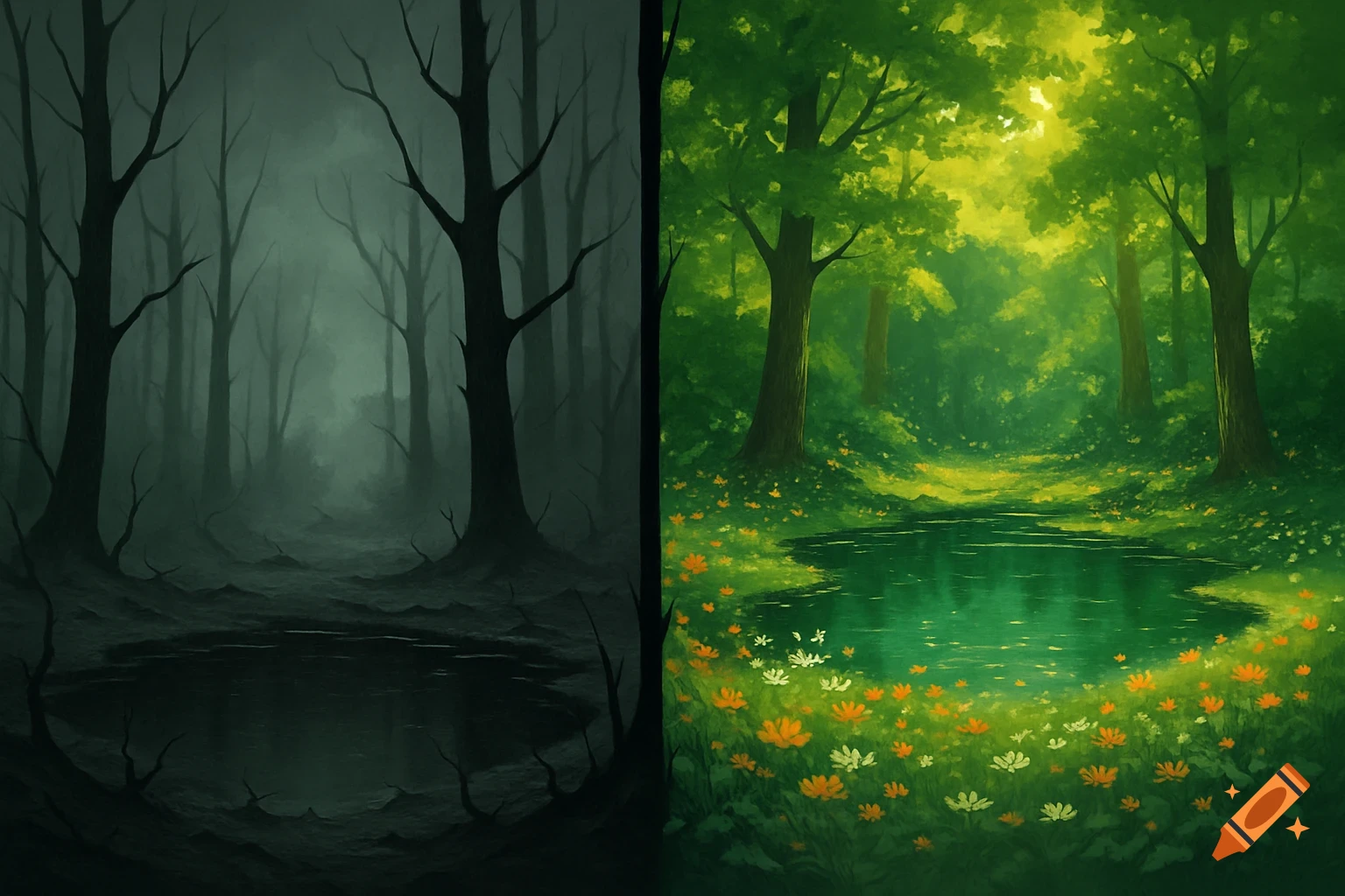 A split image showing a dark, gloomy forest with dead trees and a black pond on the left, and a bright, lush forest with a green pond and flowers on the right.
