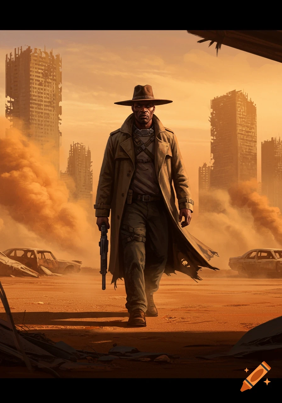 A man in a trench coat and hat walks through a dusty, ruined city holding a rifle in a post-apocalyptic setting.