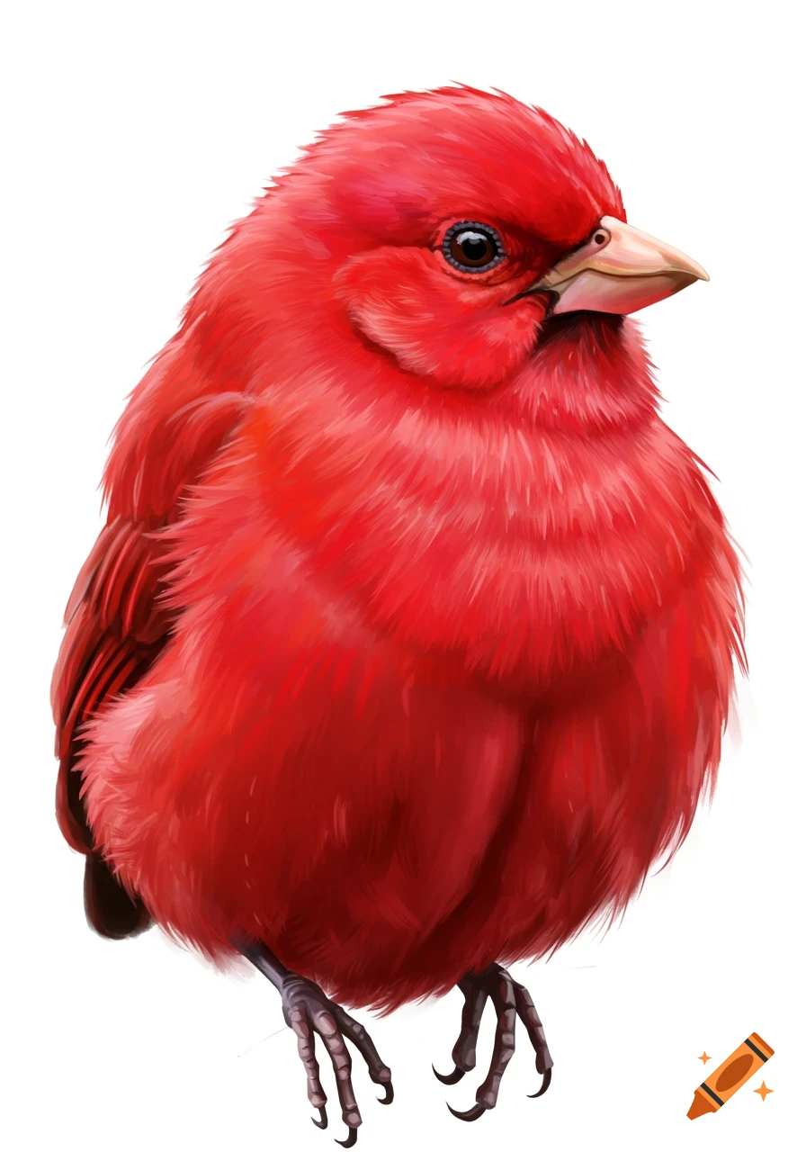 A fluffy red bird with a short, light-colored beak and dark eyes looks to the right on a white background.