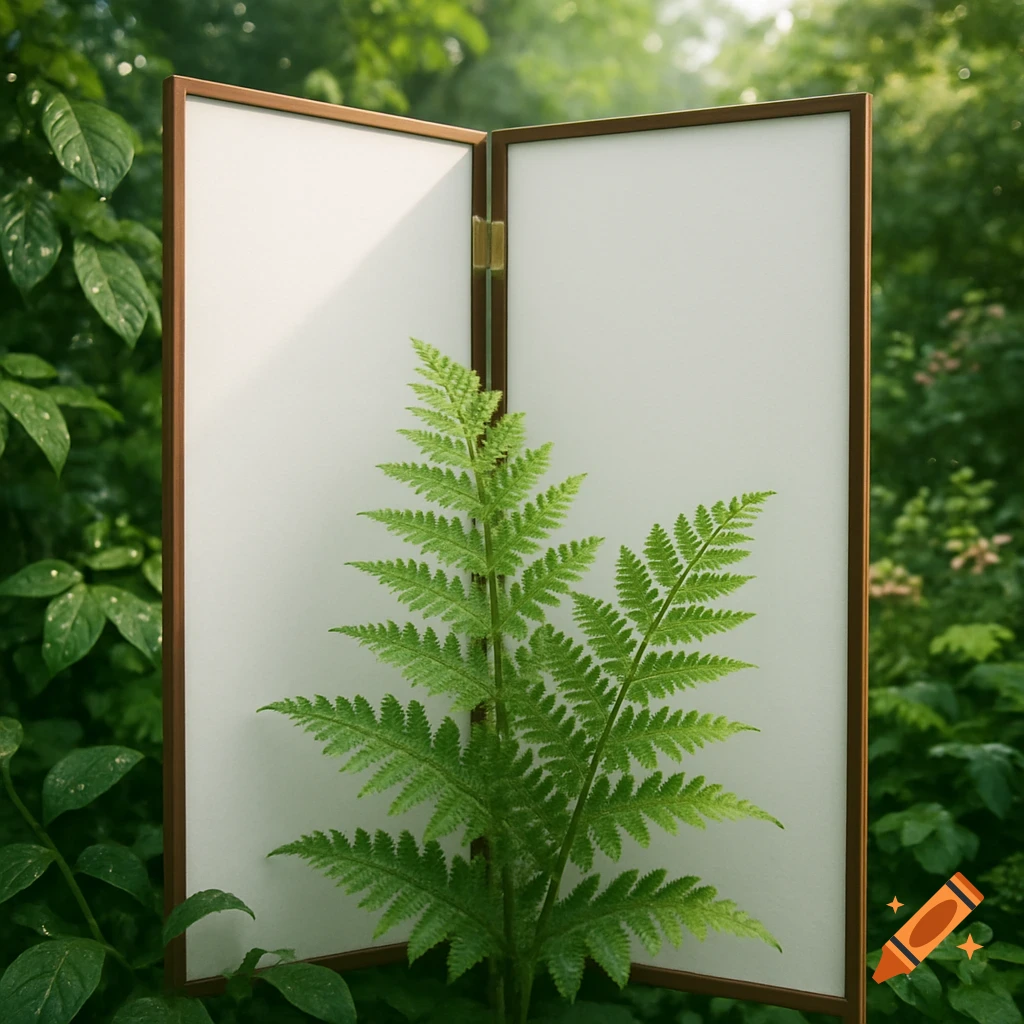 A vibrant green fern plant stands in front of a two-panel white screen within a lush, leafy garden environment.
