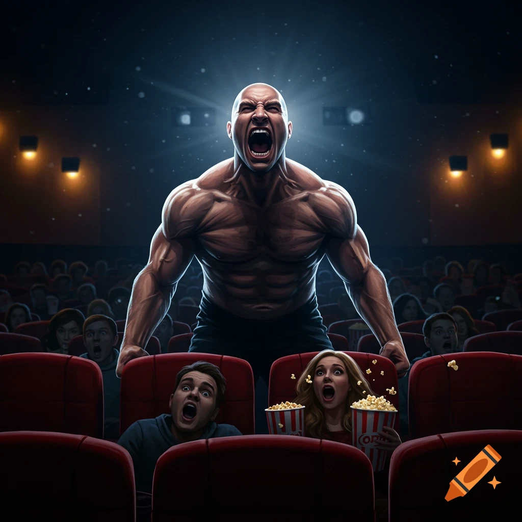 A muscular bald man screams menacingly in a darkened movie theater as startled audience members, some holding popcorn, look on in fear.