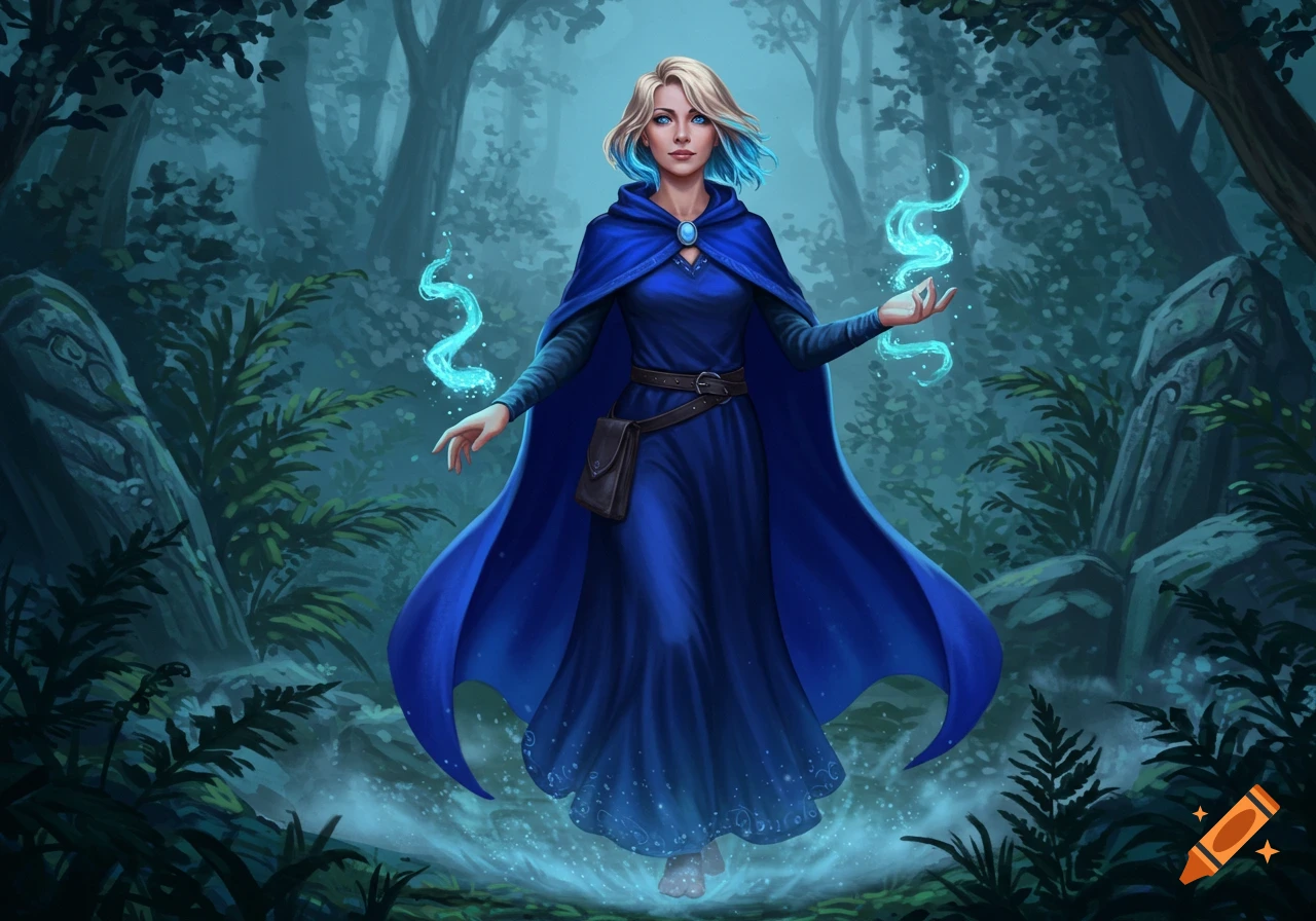 A blonde sorceress in a blue cloak stands in a misty forest, casting blue magic from her hands, digital painting.