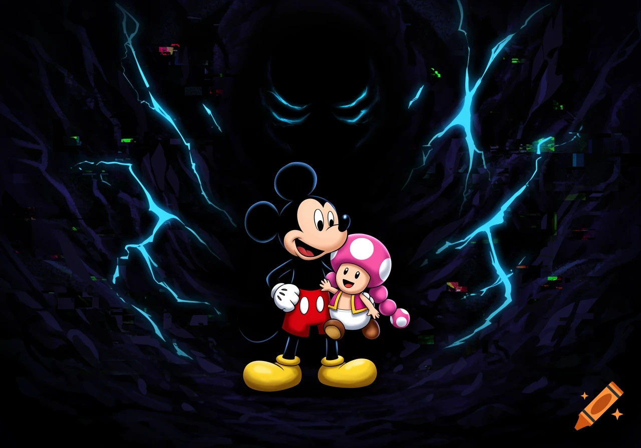 Mickey Mouse and Toadette stand together in a dark, corrupted landscape with glowing blue lightning and a shadowy figure looming behind them.