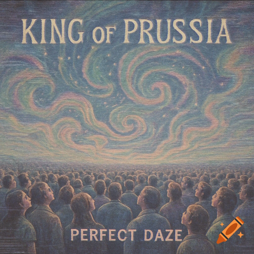 Album cover art for 'King of Prussia: Perfect Daze' shows a crowd looking up at a swirling, psychedelic, star-filled sky with a muted, distorted, VHS-like effect.