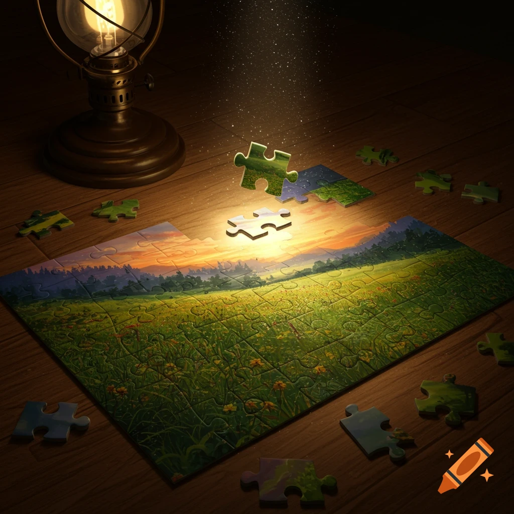 A partially assembled jigsaw puzzle featuring a vibrant field and mountain landscape at sunset, illuminated by a glowing vintage lantern, with several loose pieces scattered on a wooden floor.