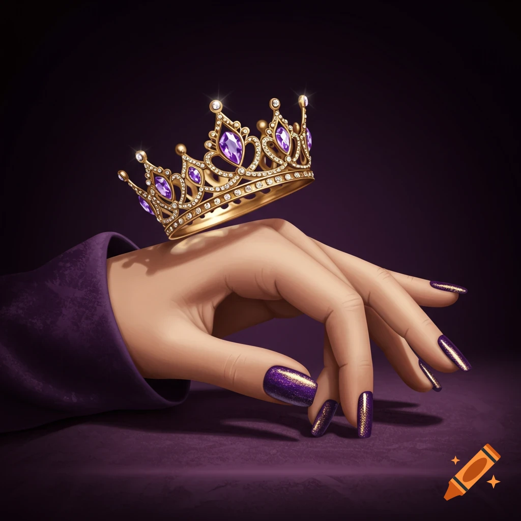 A hand with shimmering purple nail polish is positioned on a dark purple surface, with a golden crown adorned with purple gems floating above it.