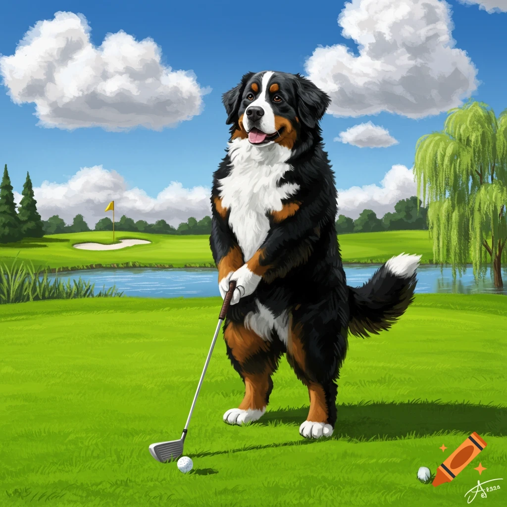 An illustrated Bernese Mountain Dog stands upright on a golf course, holding a golf club, ready to hit the ball.