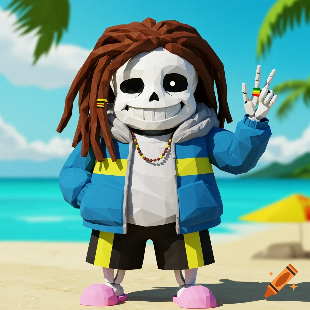 A low-poly, smiling Sans from Undertale with dreadlocks and a beaded necklace, wearing a blue jacket, shorts, and pink flip-flops, stands on a sandy beach with palm trees and an umbrella.