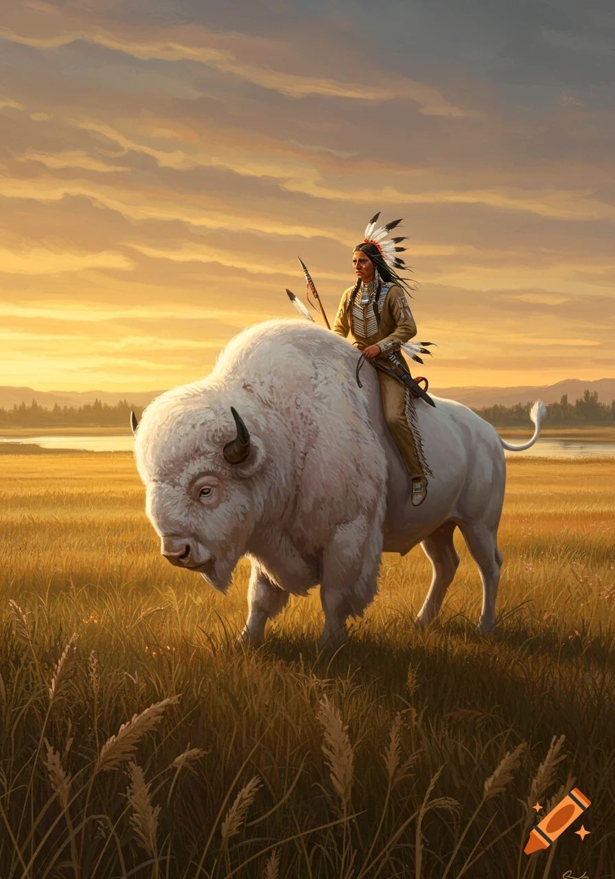 A Native American man wearing a feathered headdress rides a majestic white buffalo through a golden prairie at sunset.