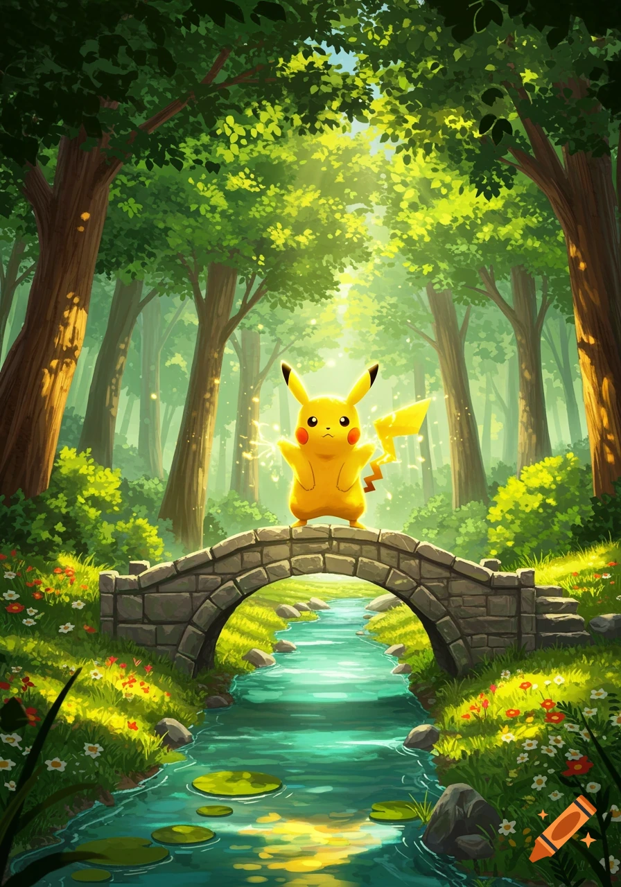 Pikachu on a stone bridge in a vibrant, sun-dappled forest with a stream, in a cartoon illustration style.