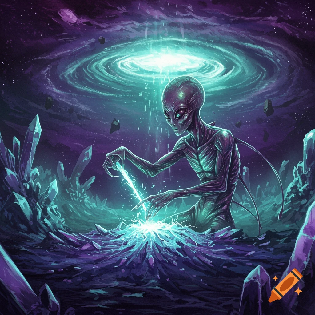 A grey alien manipulates glowing energy amidst vibrant purple and teal crystals in a cosmic landscape with a swirling galaxy above.